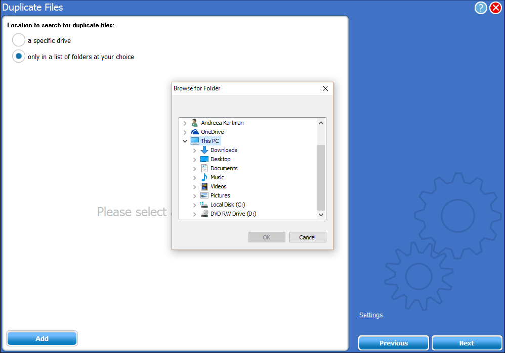 duplicate files select location to scan screenshot