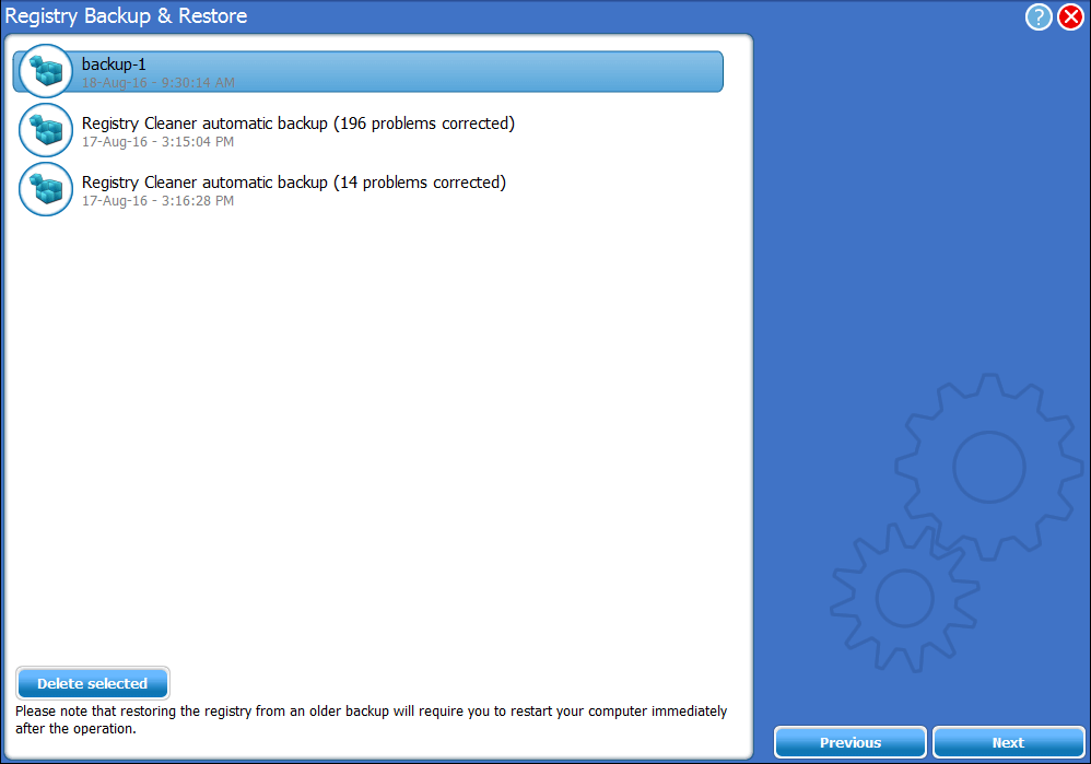 registry backup and restore old backups list screenshot