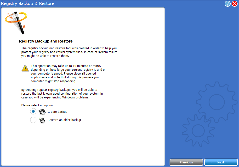 registry backup and restore wizard screenshot