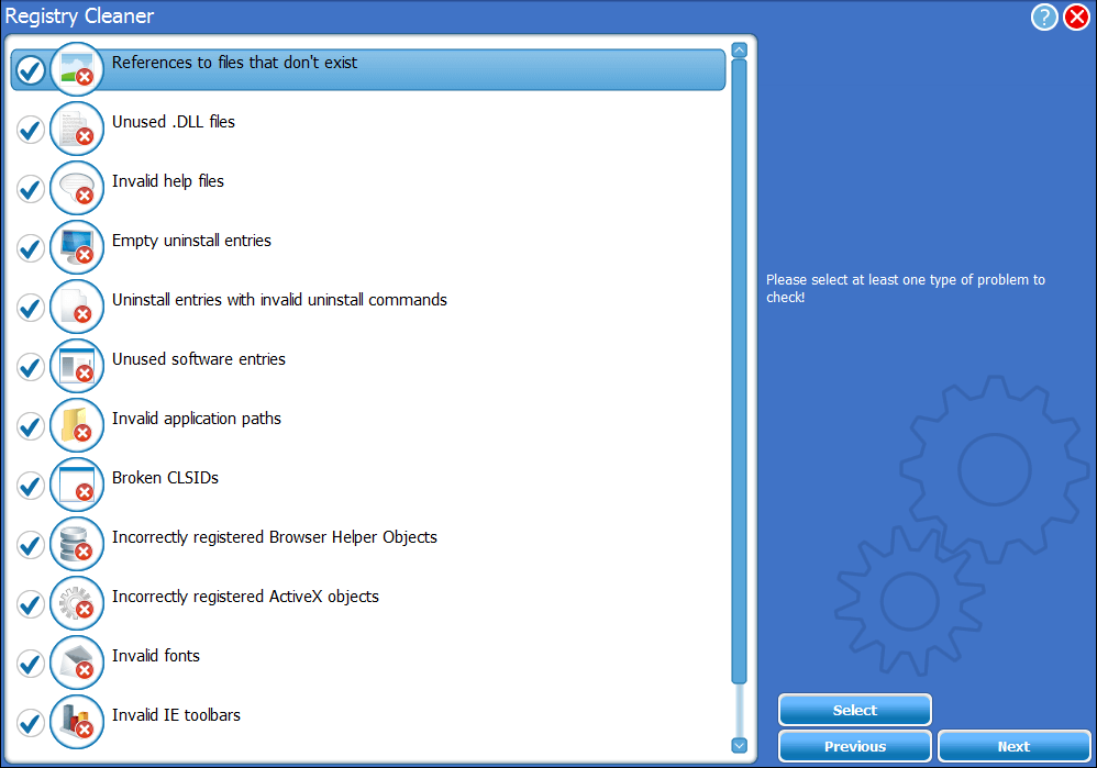 regisrty cleaner type of problems screenshot