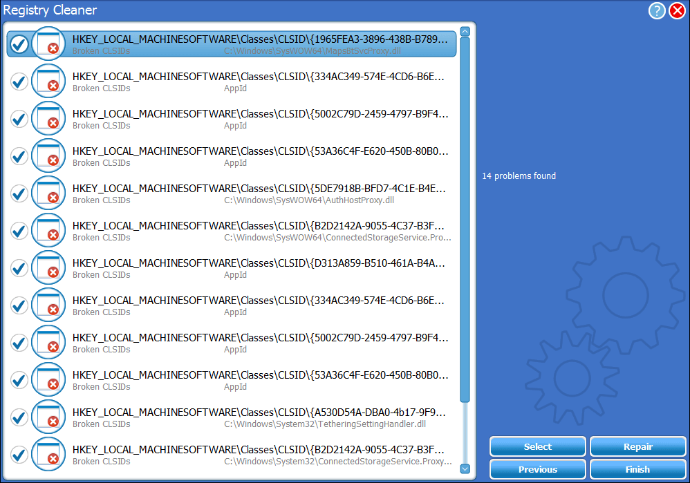 regisrty cleaner type of problems screenshot